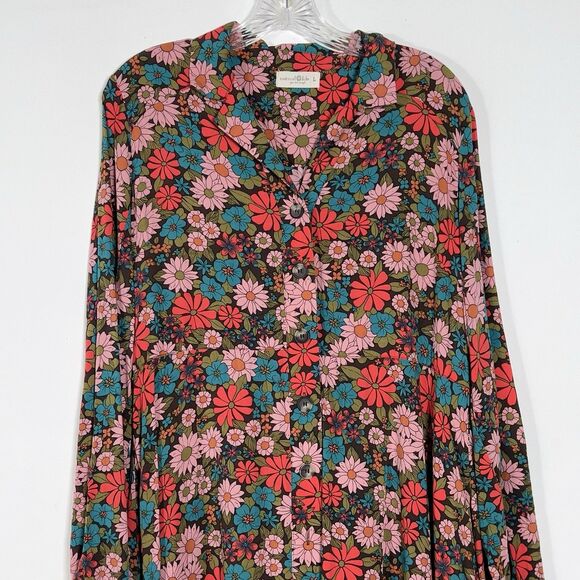 Natural Life Ansley Woven Tunic Shirt Dress Sz L Coral Floral Long Sleeve - Picture 5 of 13